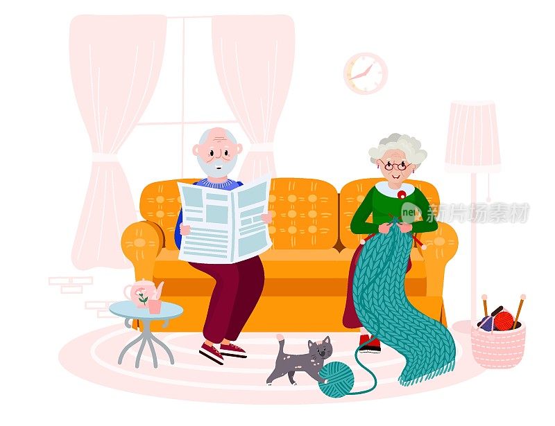Old couple sitting in room, family time. Senior woman is knitting quilt of yard. Happy aged man is reading news paper. Wife and husband has relaxation hobby.